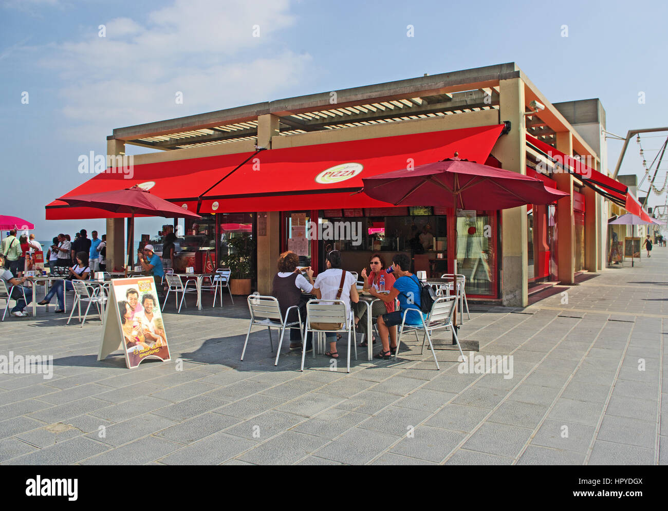 Barcelona, Spain, Port Olimpic, Pezza Cafe on Harbour Wall, Stock Photo