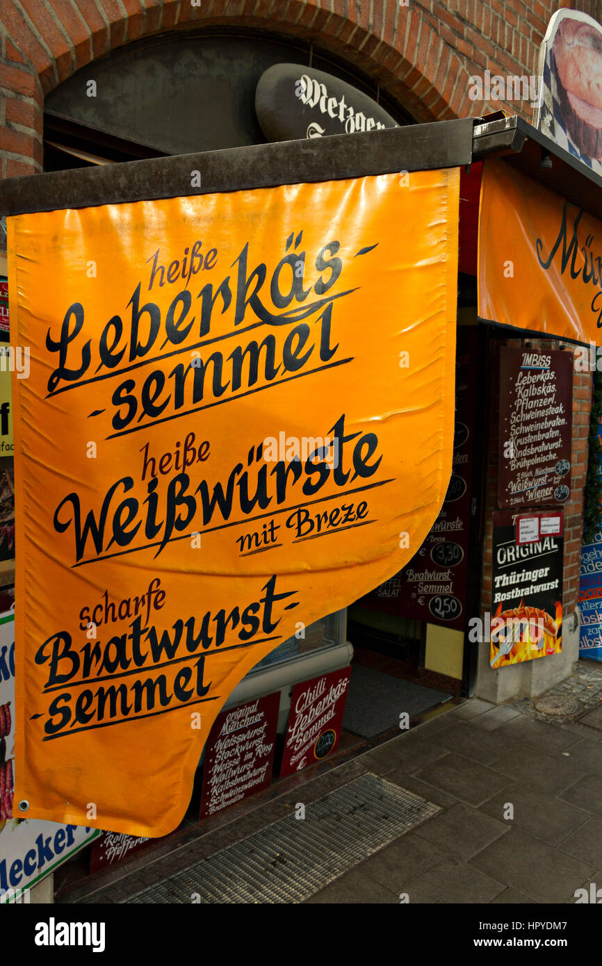 German advertisement sign for various meats, Viktualienmarkt, Munich