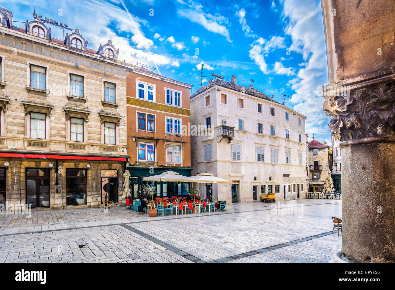 View at scenic square in city center of town Split, european travel resorts. Stock Photo
