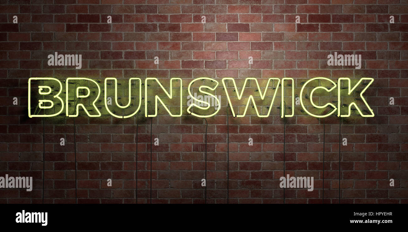 BRUNSWICK - fluorescent Neon tube Sign on brickwork - Front view - 3D ...