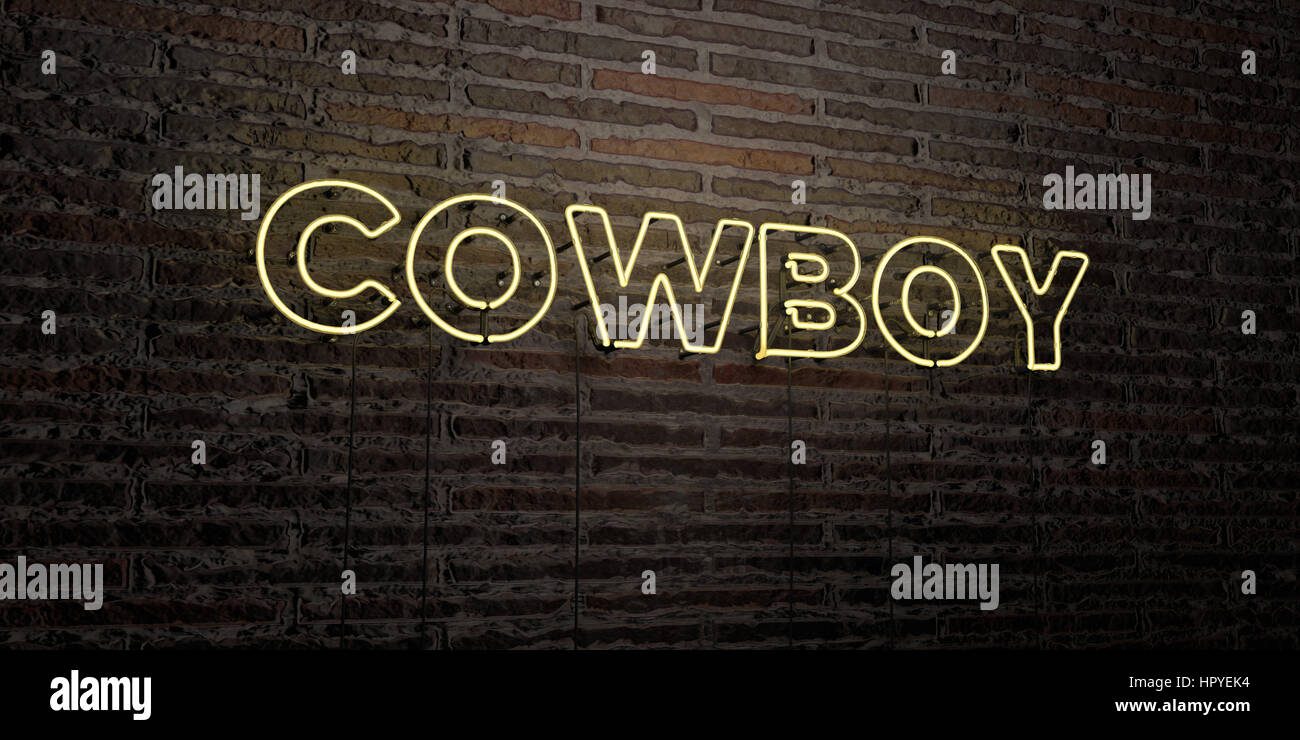 COWBOY -Realistic Neon Sign on Brick Wall background - 3D rendered