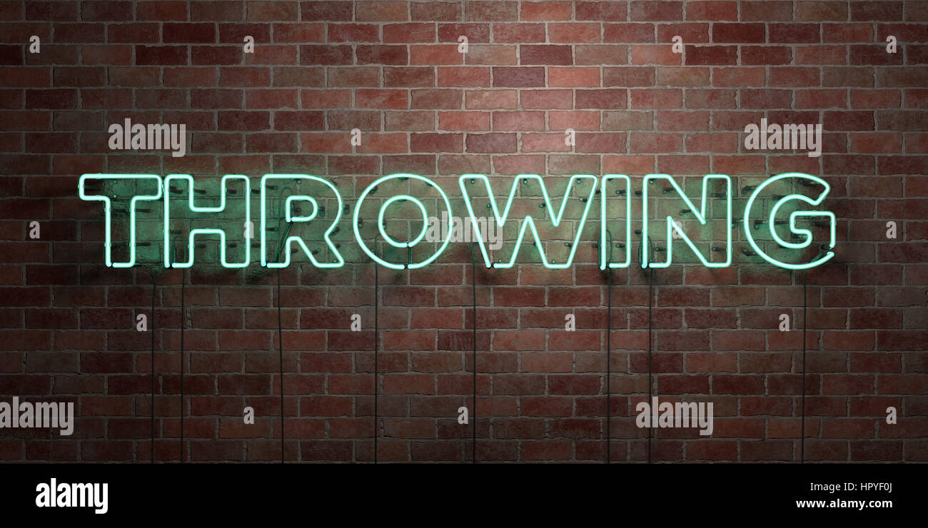 THROWING fluorescent Neon tube Sign on brickwork Front view 3D