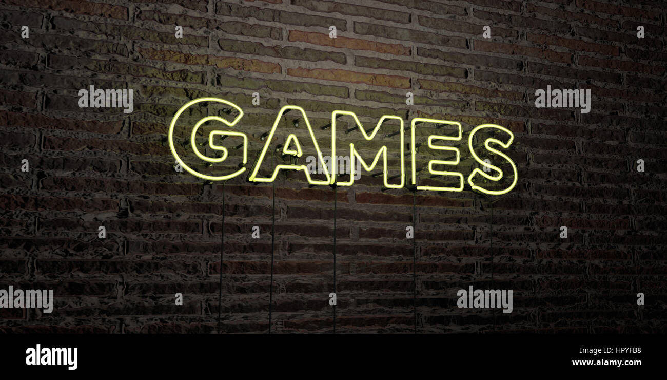 GAMES -Realistic Neon Sign on Brick Wall background - 3D rendered ...
