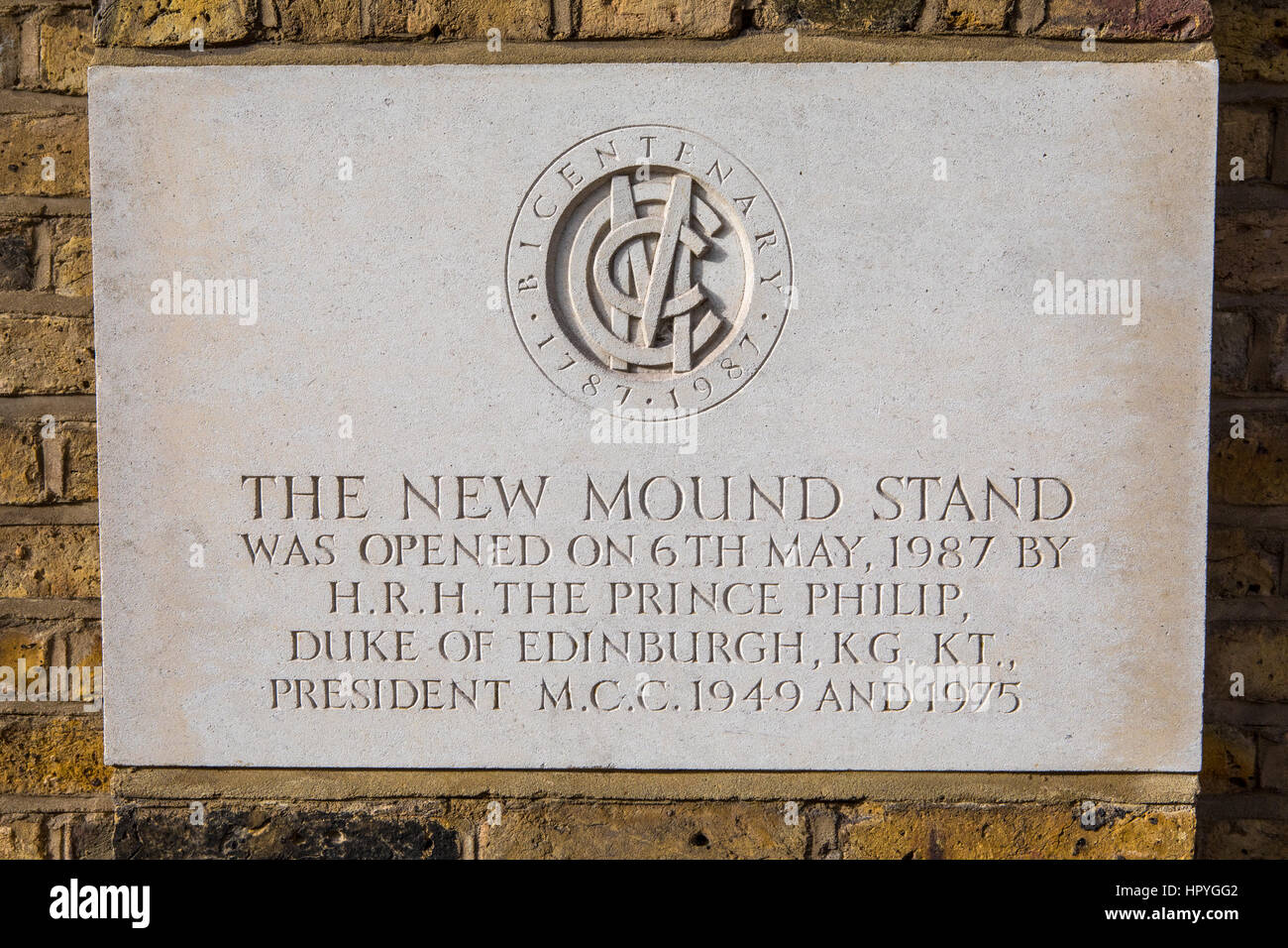 A plaque at Lords Cricket Ground in London, commemorating the opening of  the New Mound Stand in 1987 by HRH Prince Phillip, the Duke of Edinburgh  Stock Photo - Alamy