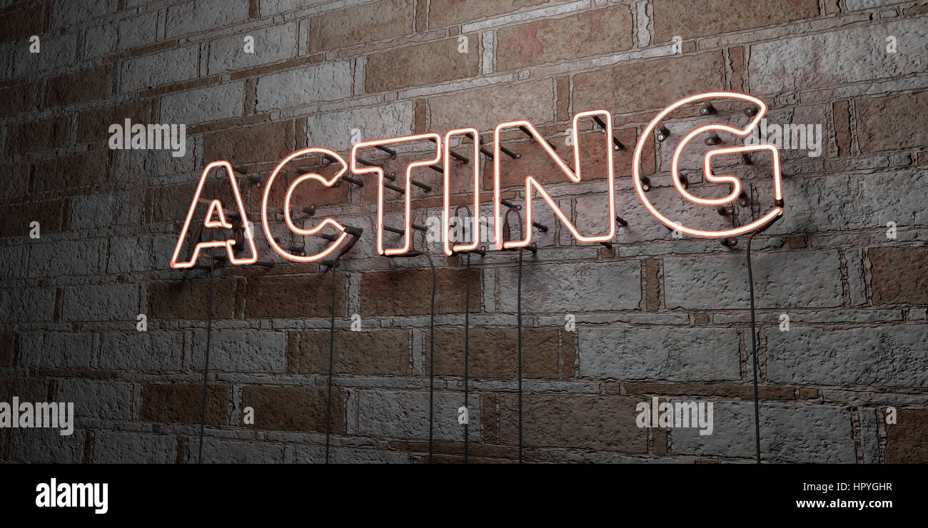 ACTING - Glowing Neon Sign on stonework wall - 3D rendered royalty free ...