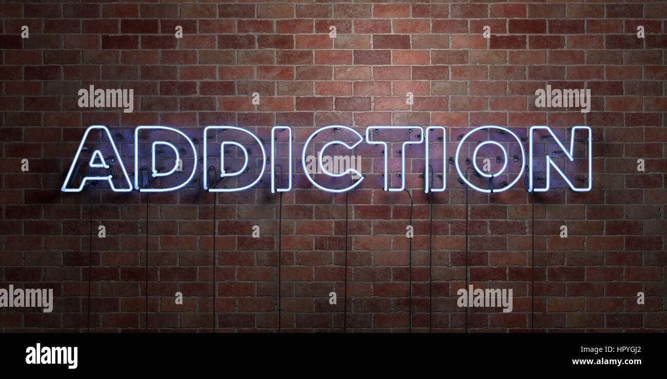 ADDICTION - fluorescent Neon tube Sign on brickwork - Front view - 3D ...