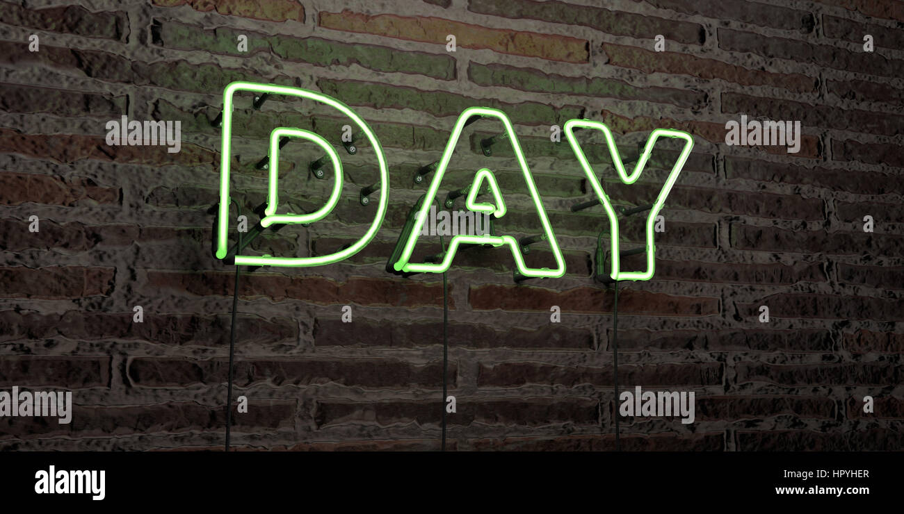 Normal Day Sign DAY -Realistic Neon Sign on Brick Wall background - 3D rendered royalty ...