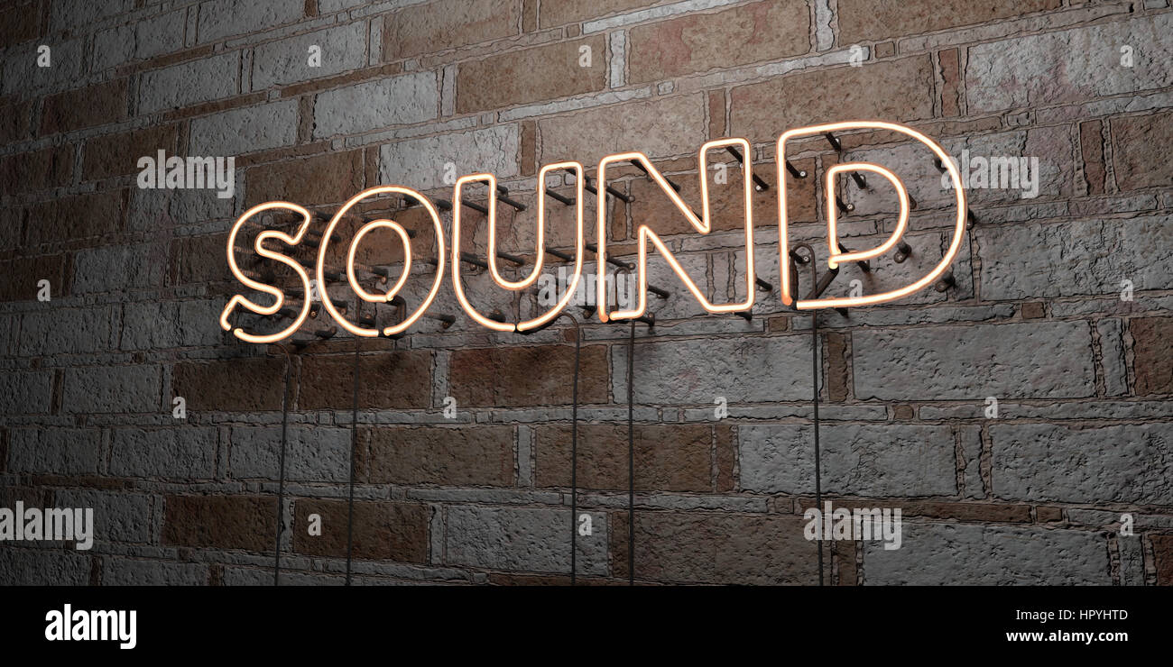Soudnd Esign SOUND - Glowing Neon Sign on stonework wall - 3D rendered royalty free ...