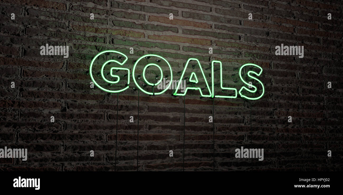 Goals Realistic Neon Sign On Brick Wall Background 3d Rendered