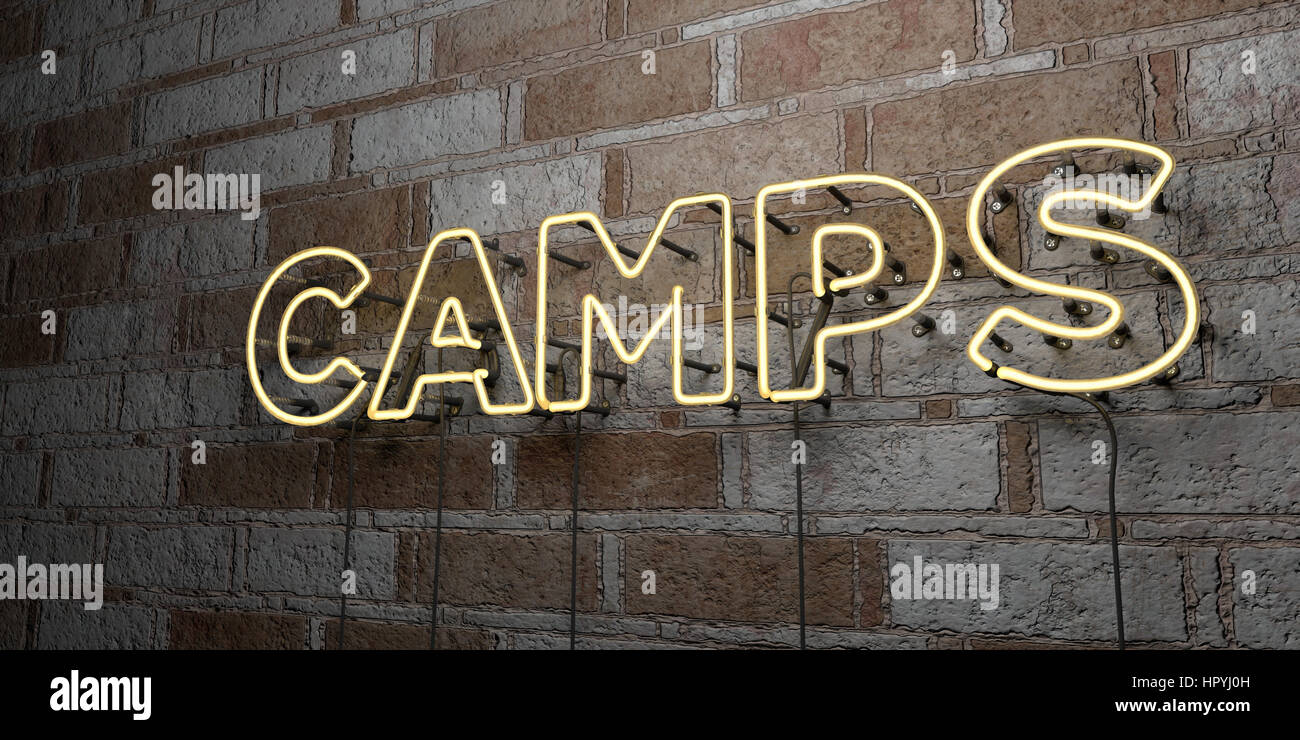 CAMPS Glowing Neon Sign on stonework wall 3D rendered royalty free