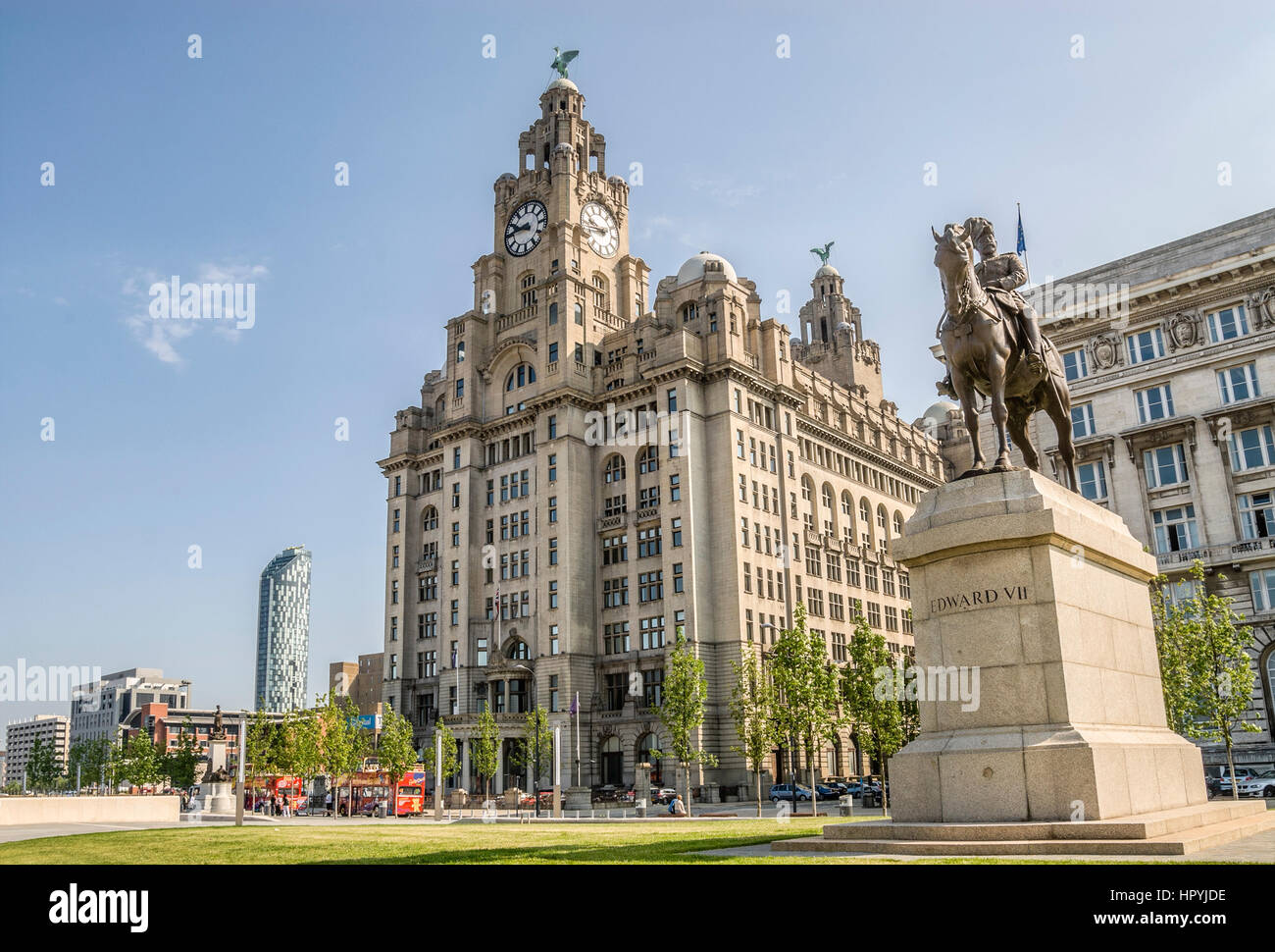 The Royal Liver Building is a Grade I listed building located in Liverpool, England. Stock Photo