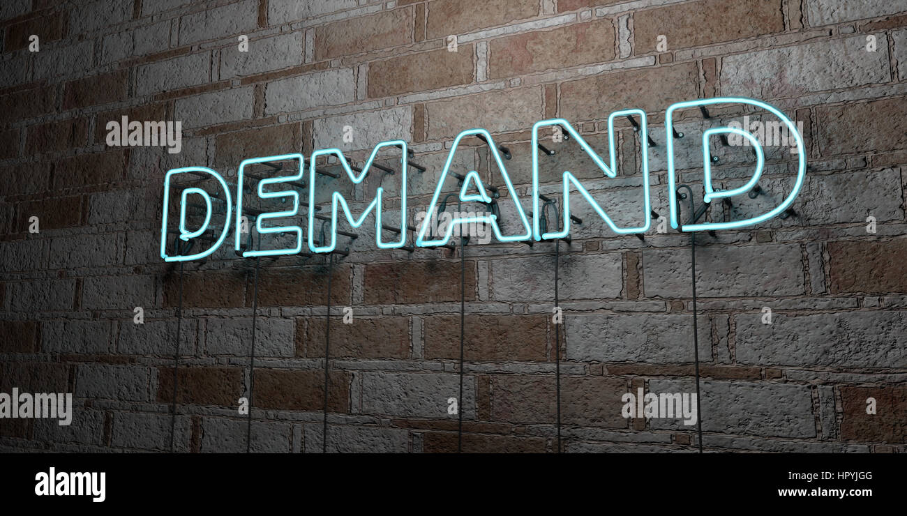 DEMAND - Glowing Neon Sign on stonework wall - 3D rendered royalty free ...