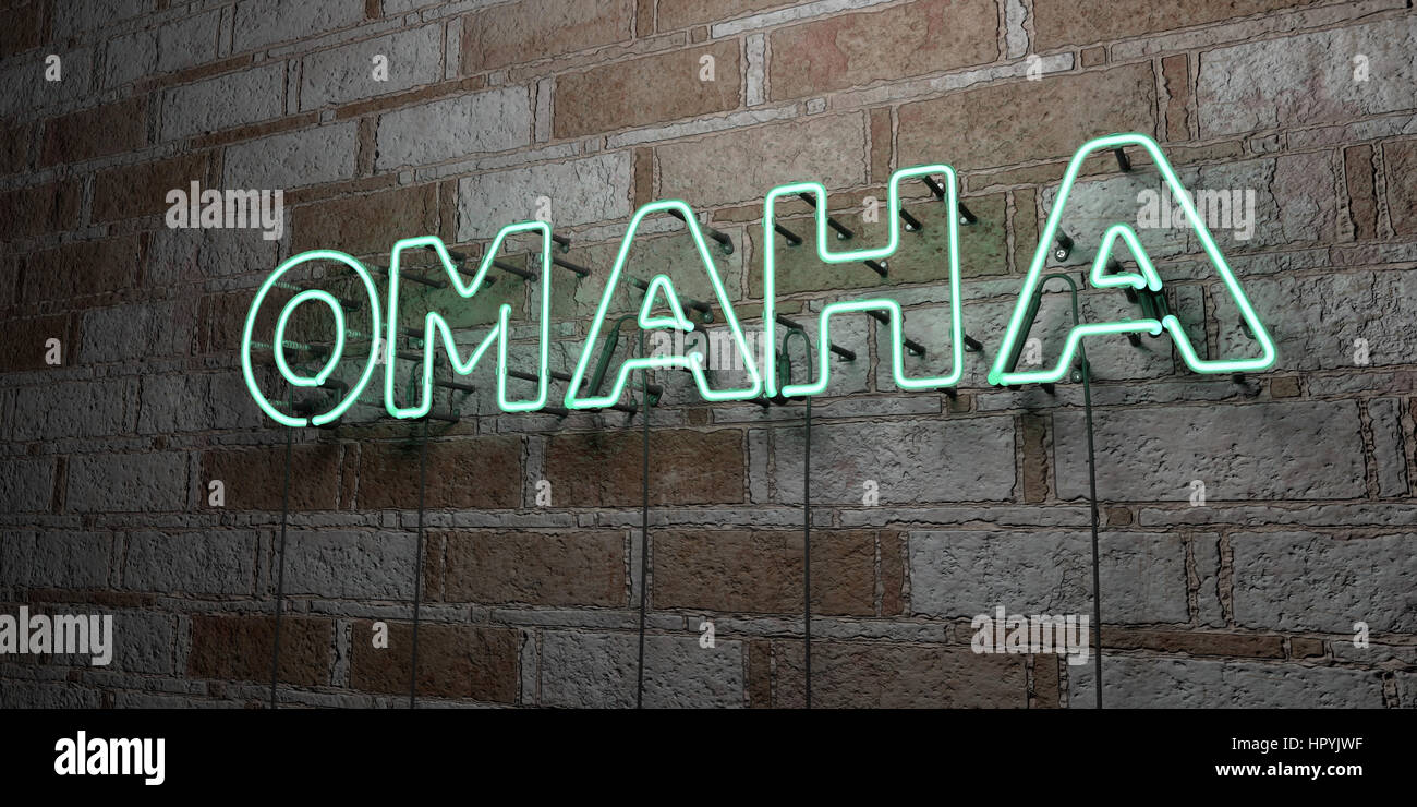 OMAHA Glowing Neon Sign on stonework wall 3D rendered royalty free