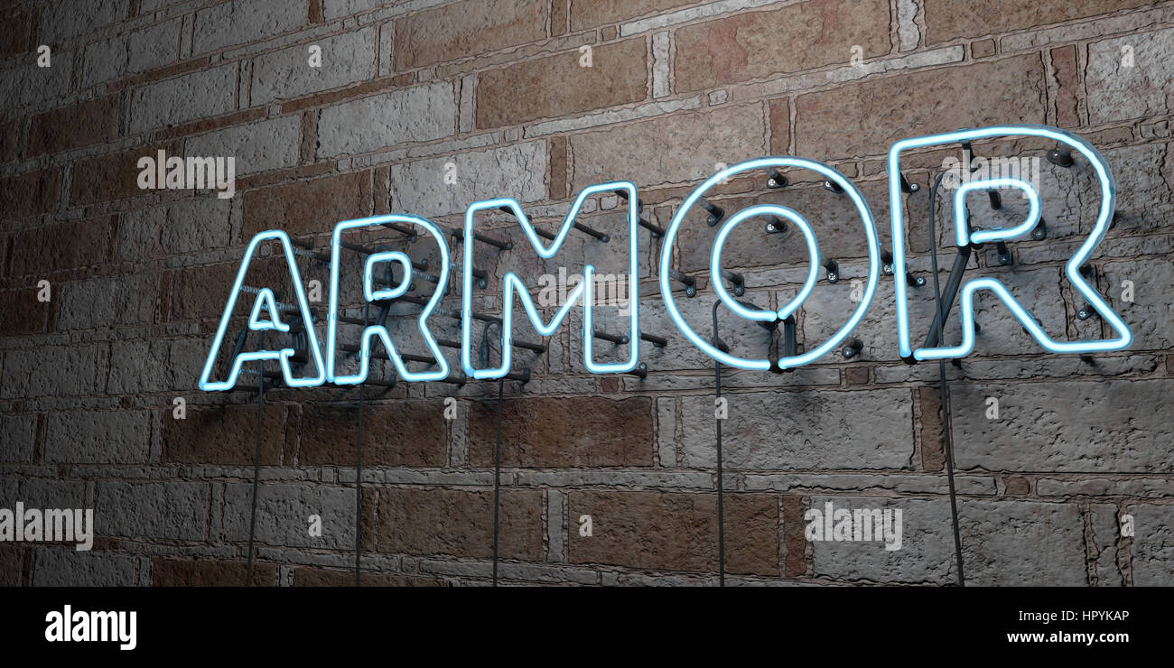 ARMOR - Glowing Neon Sign on stonework wall - 3D rendered royalty free ...