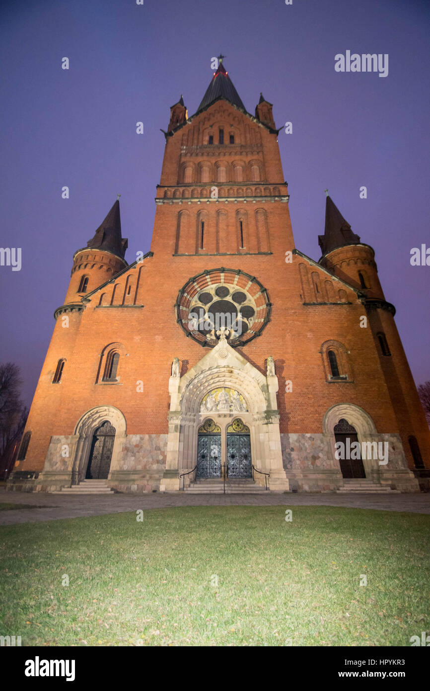 a night time shot of a church in Inowroclaw, Poland Stock Photo
