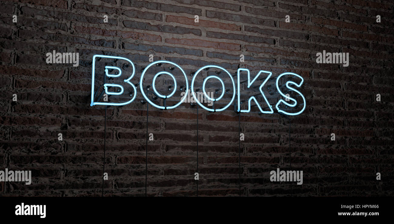 BOOKS -Realistic Neon Sign on Brick Wall background - 3D rendered