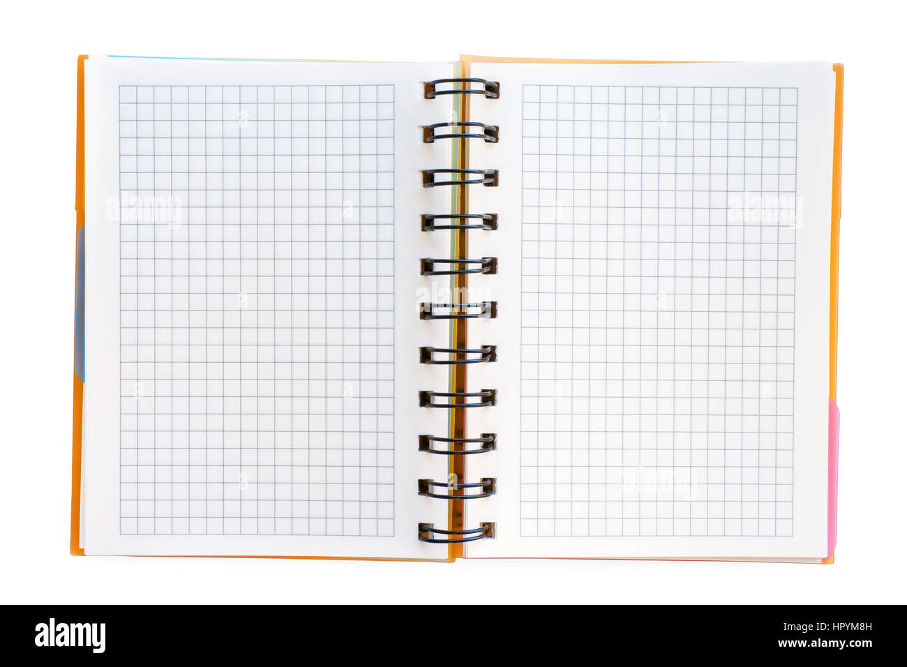 Open blank checked notebook spread. Isolated on white, clipping path included Stock Photo