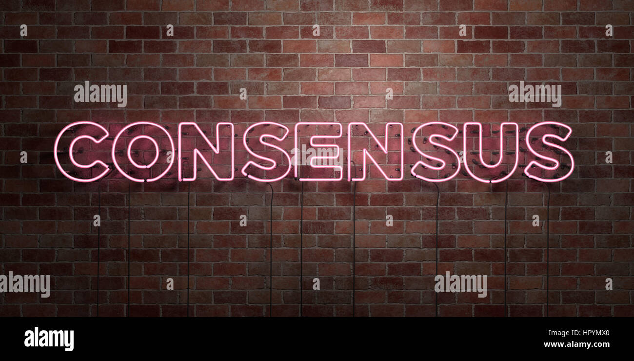 CONSENSUS - fluorescent Neon tube Sign on brickwork - Front view - 3D ...