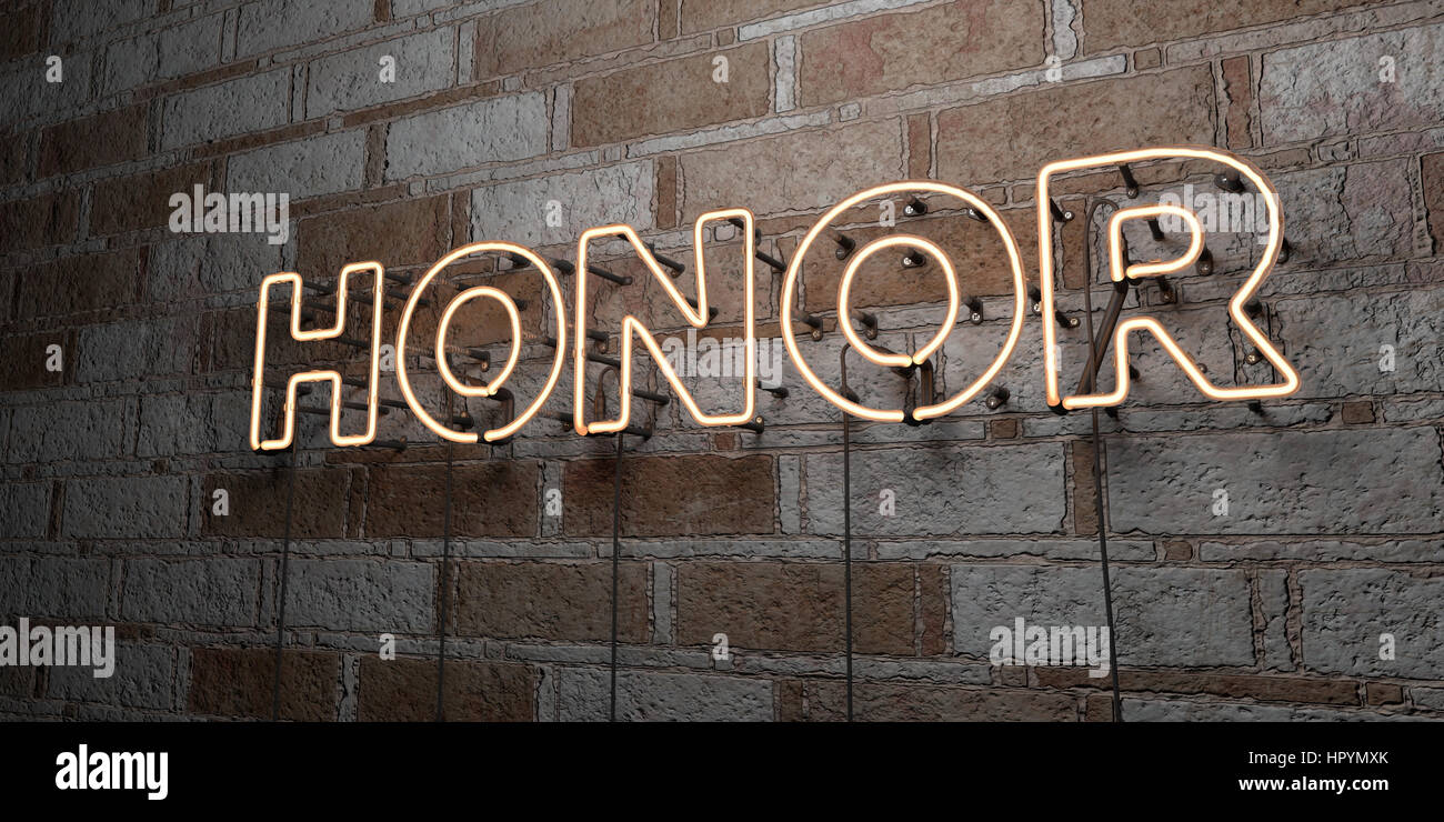 HONOR - Glowing Neon Sign on stonework wall - 3D rendered royalty free ...