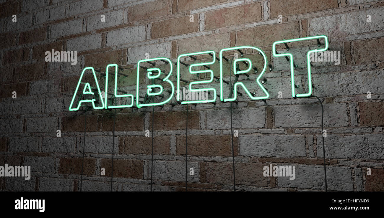 ALBERT - Glowing Neon Sign on stonework wall - 3D rendered royalty free ...