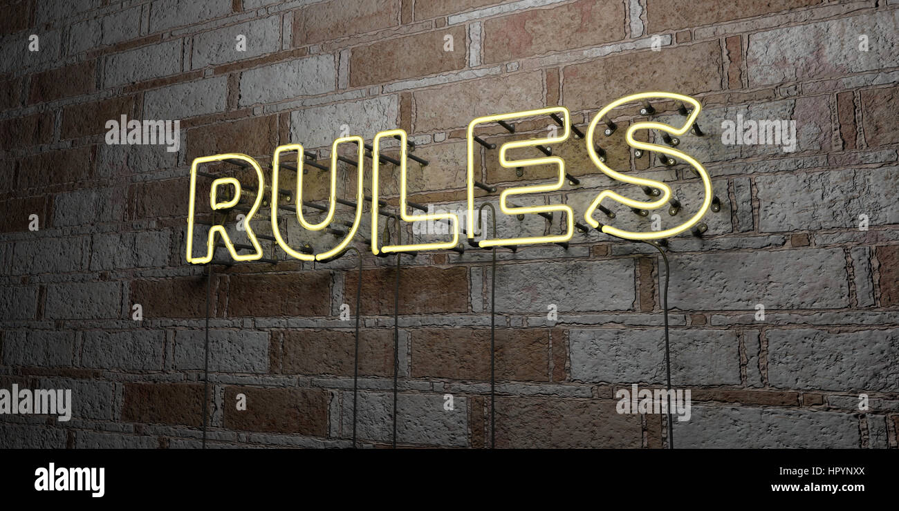 RULES - Glowing Neon Sign on stonework wall - 3D rendered royalty free ...