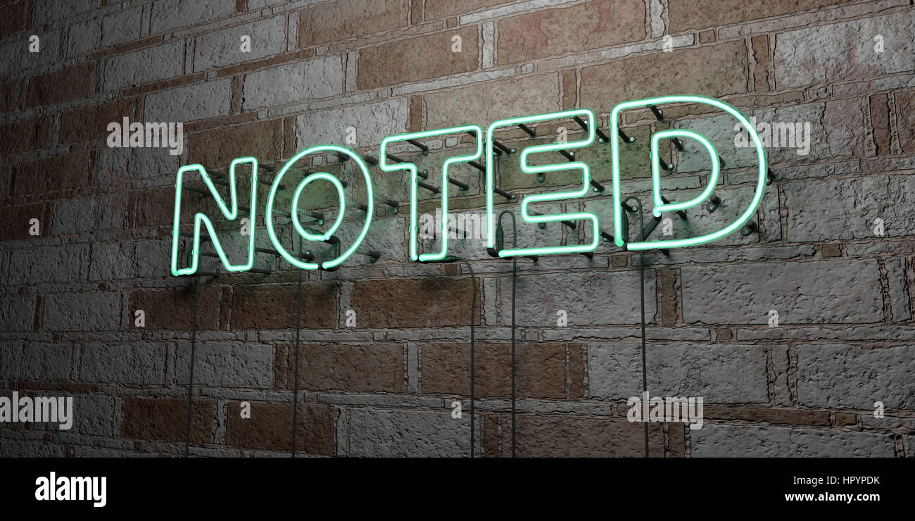 NOTED - Glowing Neon Sign on stonework wall - 3D rendered royalty free ...