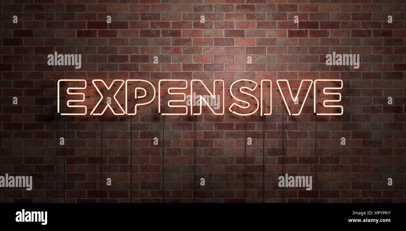 EXPENSIVE fluorescent Neon tube Sign on brickwork Front view 3D