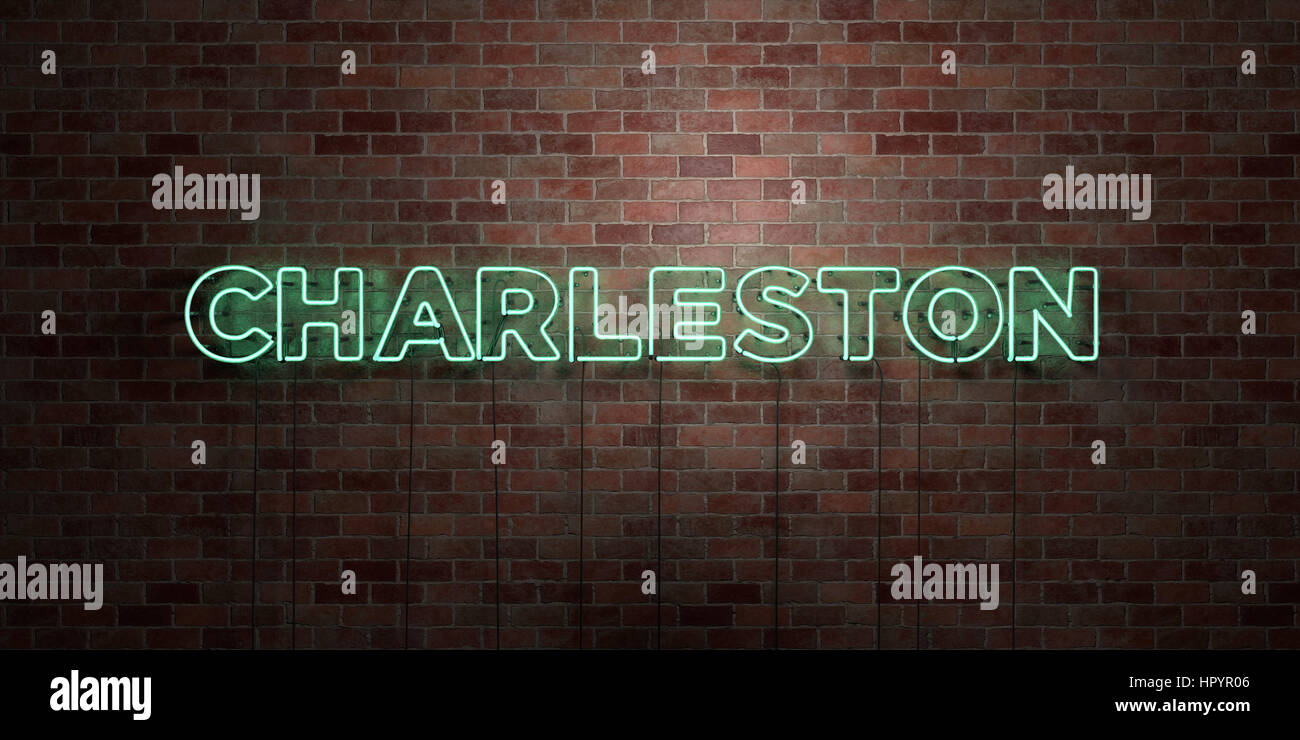 CHARLESTON fluorescent Neon tube Sign on brickwork Front view 3D