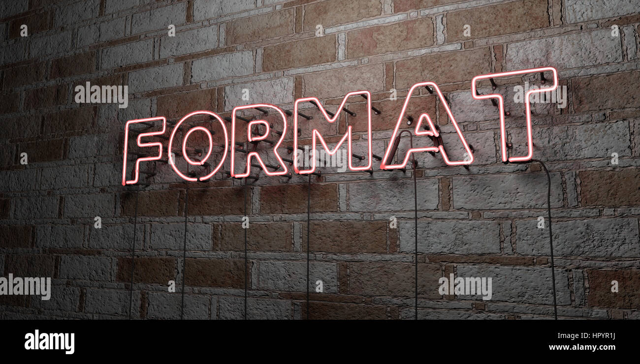 Formet Sign Sign FORMAT - Glowing Neon Sign on stonework wall - 3D rendered royalty free ...