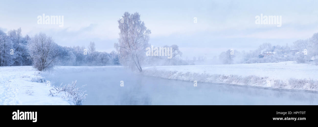 Cold winter morning with everything covered by hoarfrost Stock Photo