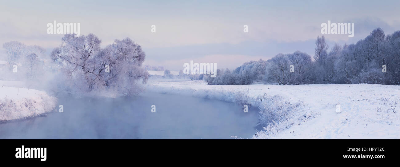 Hoarfrost everywhere in frosty winter morning on the river Stock Photo