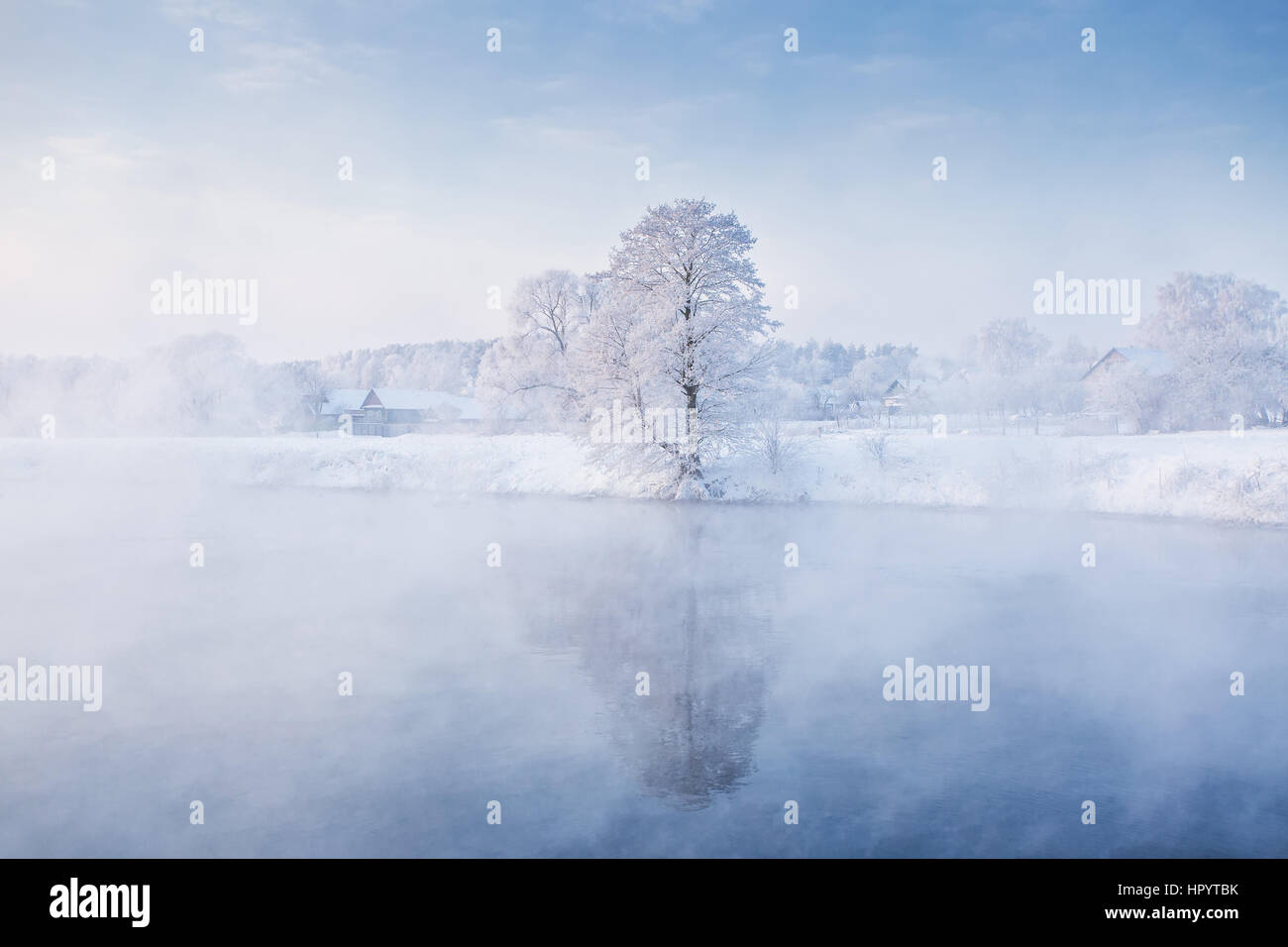Frosty winter morning with crystal tree on the riverside Stock Photo