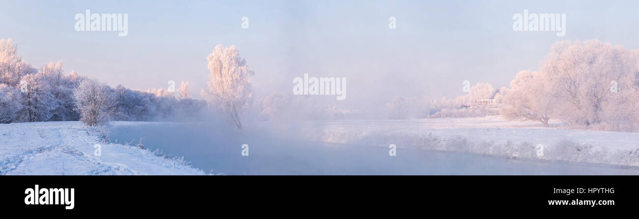 Frosty winter morning with hoarfrost on the trees illuminated by the rising sun Stock Photo