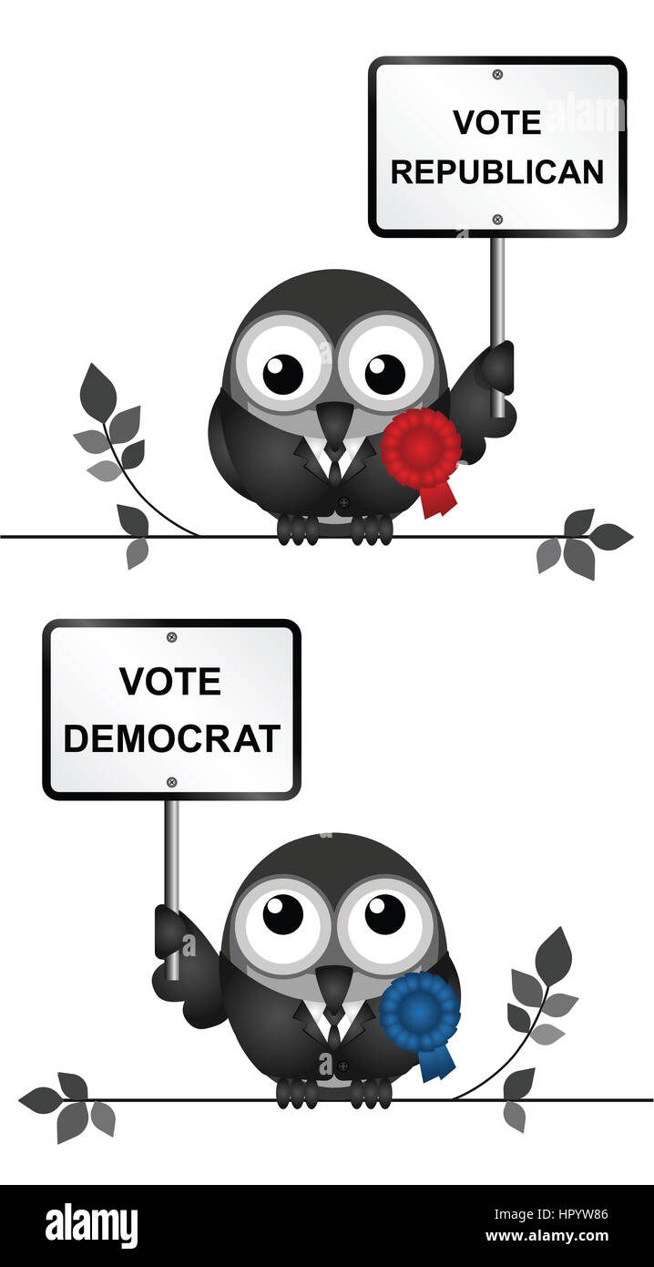 Comical Democrat and Republican bird politicians vying for votes perched on a branch Stock Photo