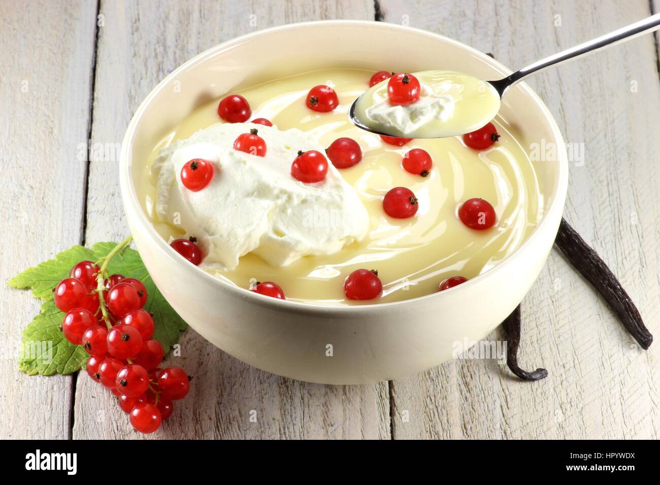 traditional Dutch custard served with red currants on wooden background Stock Photo