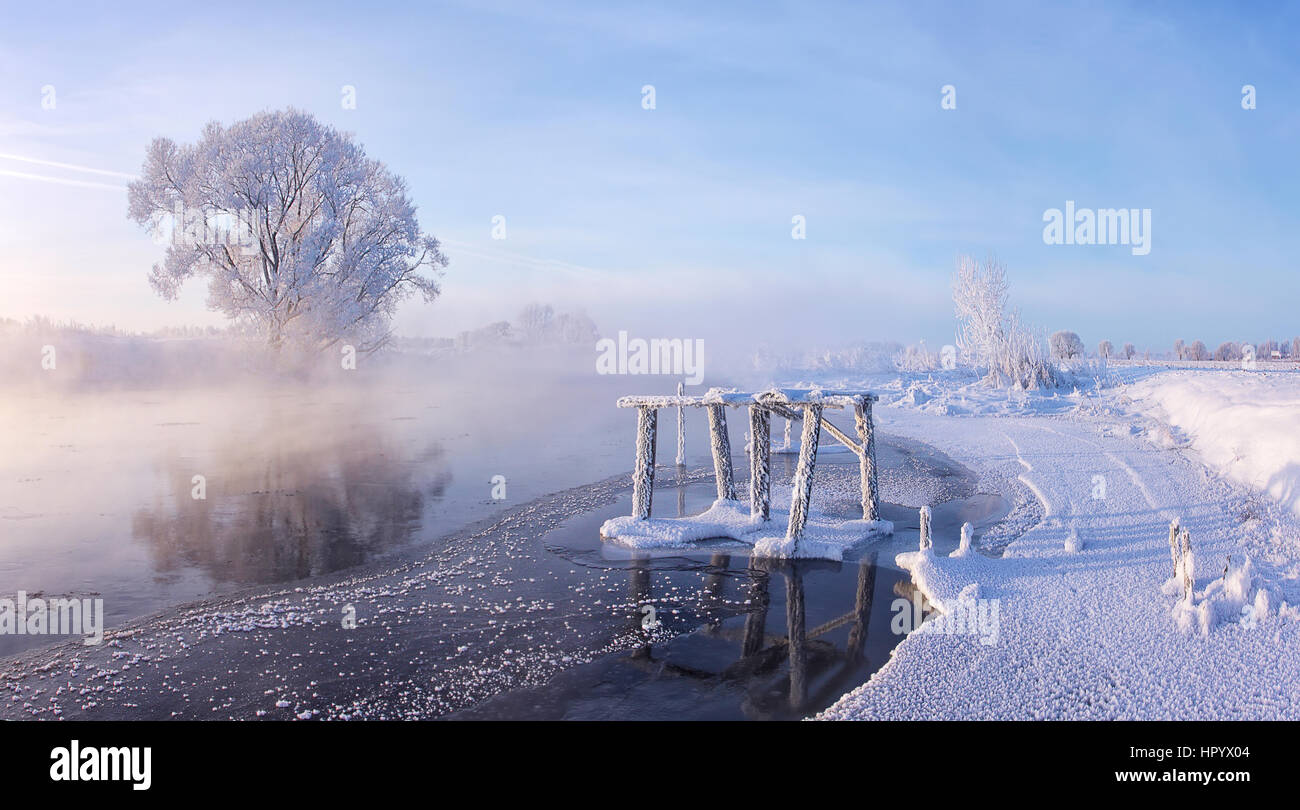 Colorful white winter morning with snow on the ice Stock Photo