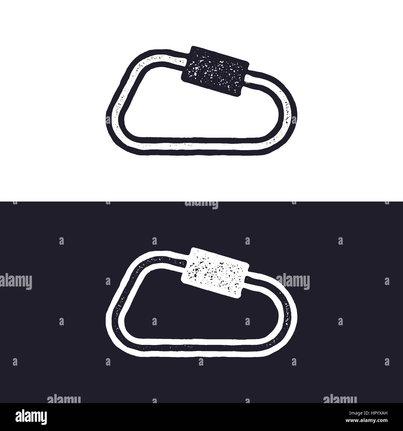 carabiner icon isolated on white background. Letterpress effect. Vector adventure pictogram. Isolated on white and dark backgrounds Stock Vector