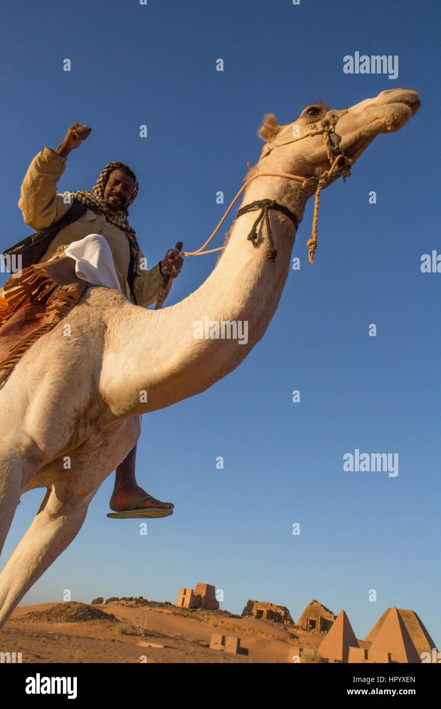 Camel and his cameleer in front of Meroe pyramids. Stock Photo