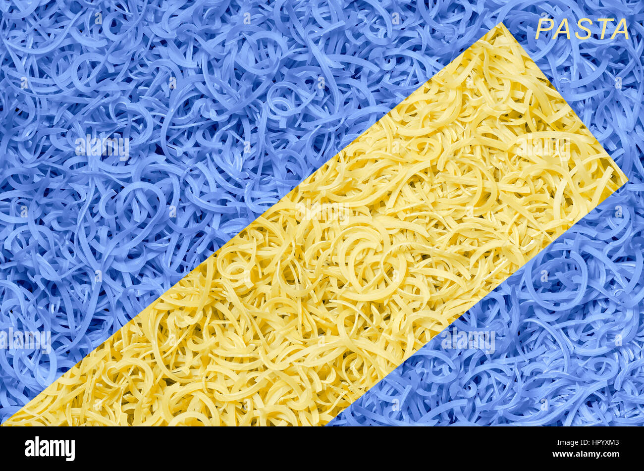 Two tone textured background blue and yellow pasta, the inscription on