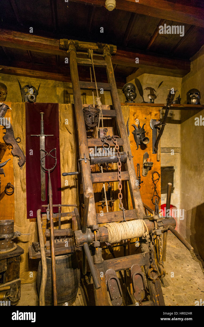 Medieval torture instruments, torture chamber, Indoors, Prague Castle, Hradčany, Prague, Bohemia, Czech Republic Stock Photo