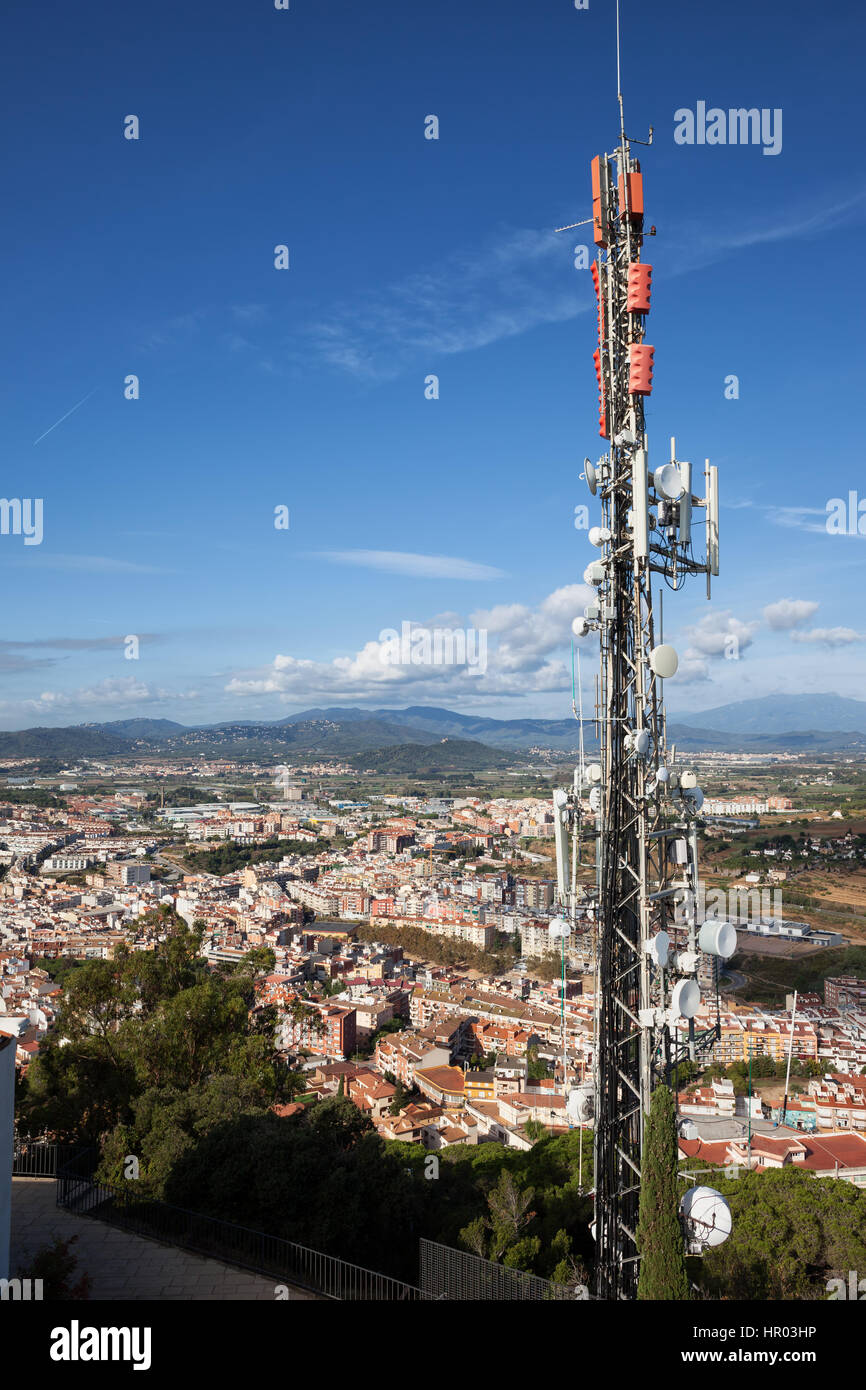 Spain, Blanes town, radio mast, communication tower with antennas for telecommunications and broadcasting, top of a hill Stock Photo