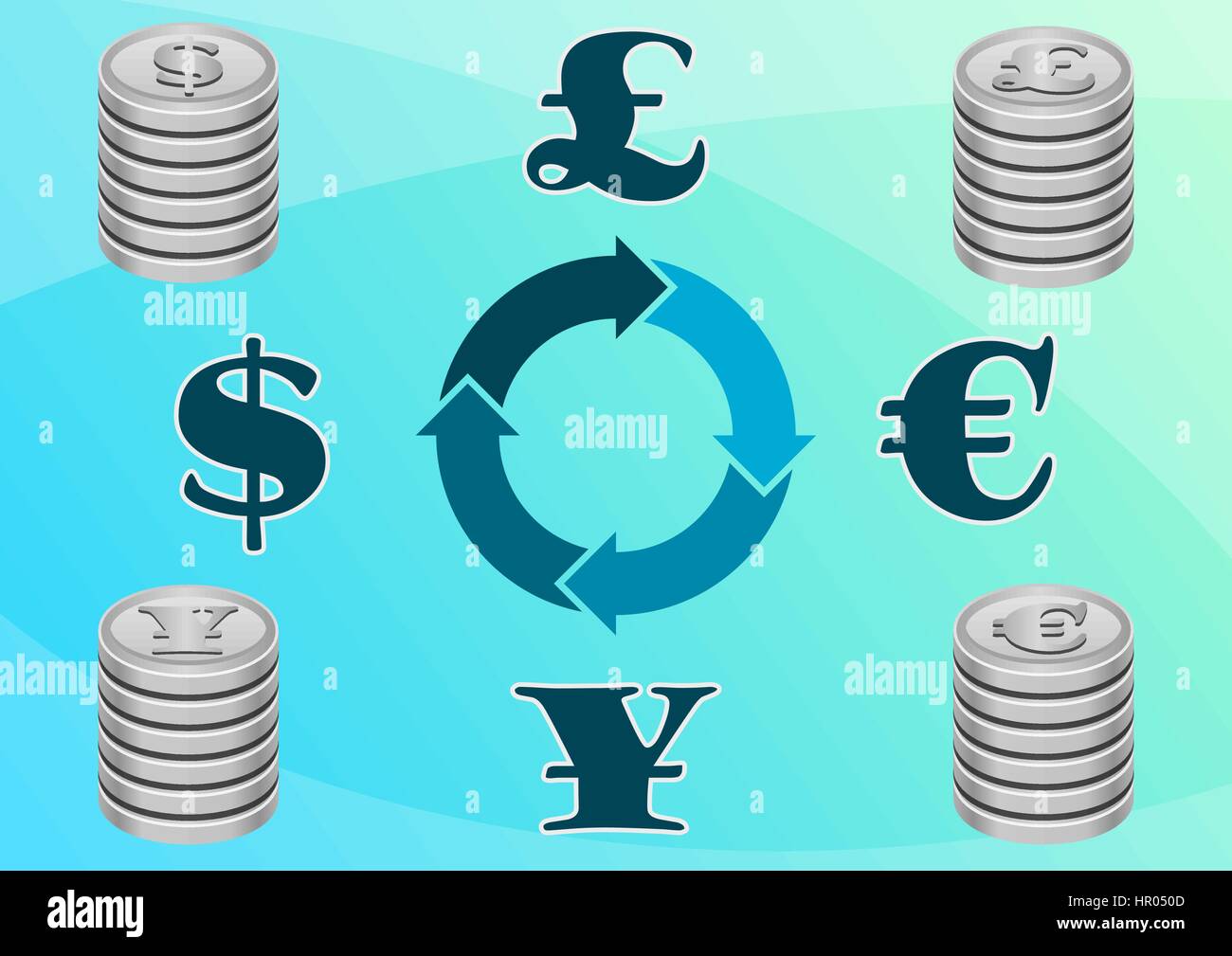 Currency conversion of Dollar,Euro,Yen and Pound. World currencies symbols  with arrows.Elegant light blue background with coins stack. Money Exchange  Stock Vector Image & Art - Alamy