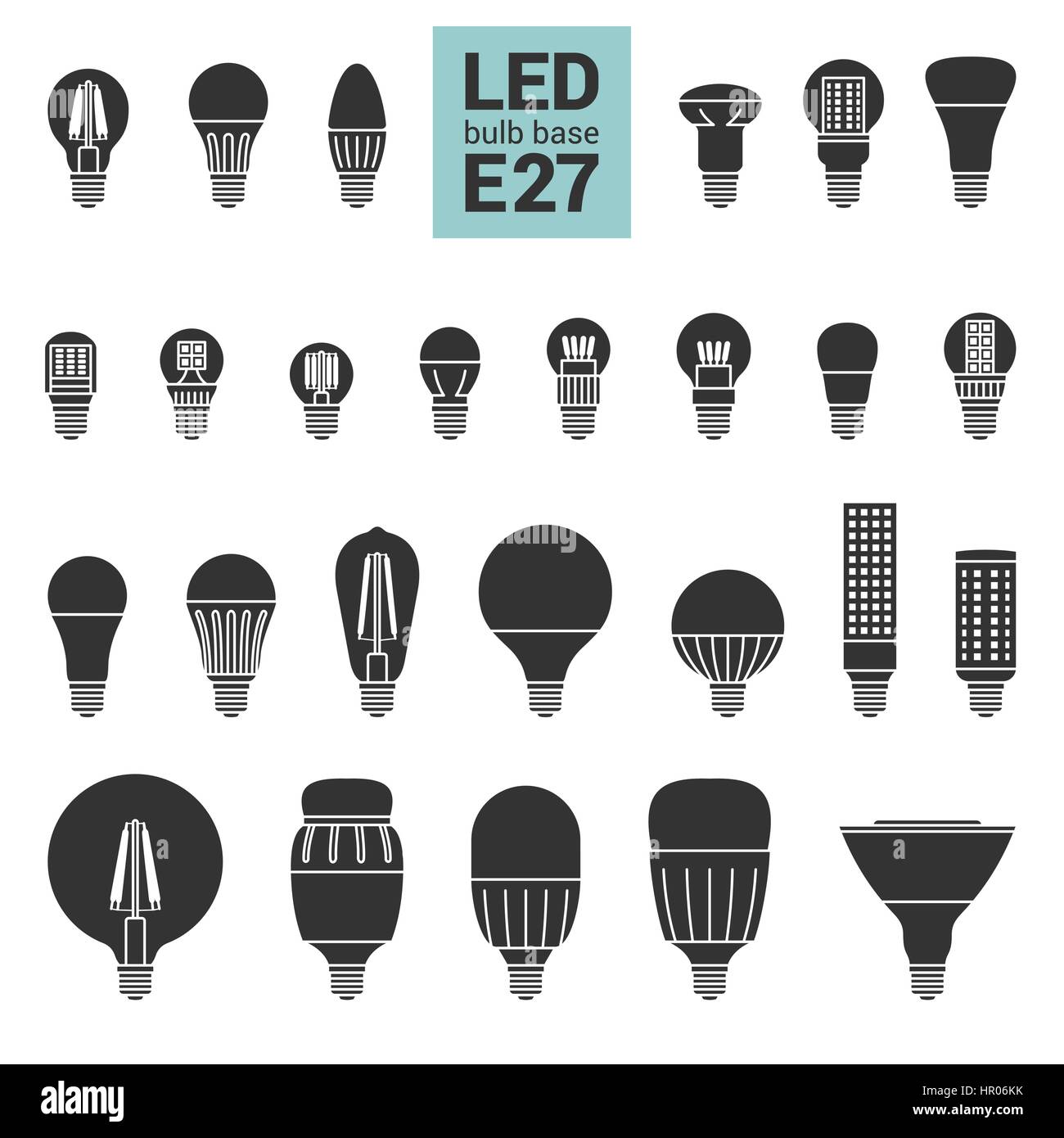 LED light bulbs with E27 base, vector silhouette icon set on white background Stock Vector