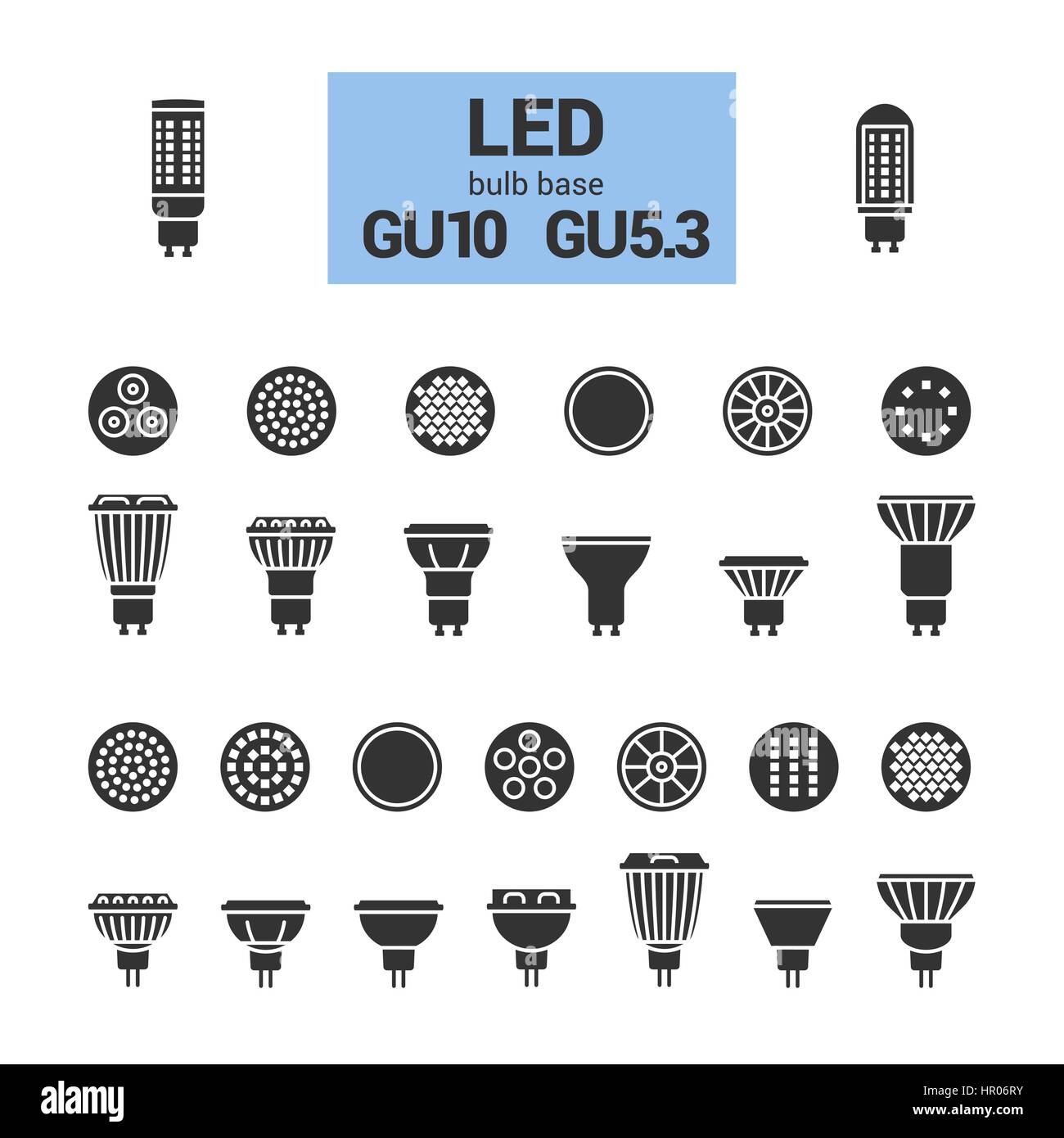LED light bulbs with GU10 and GU5.3 base, vector silhouette icon set on white background Stock Vector