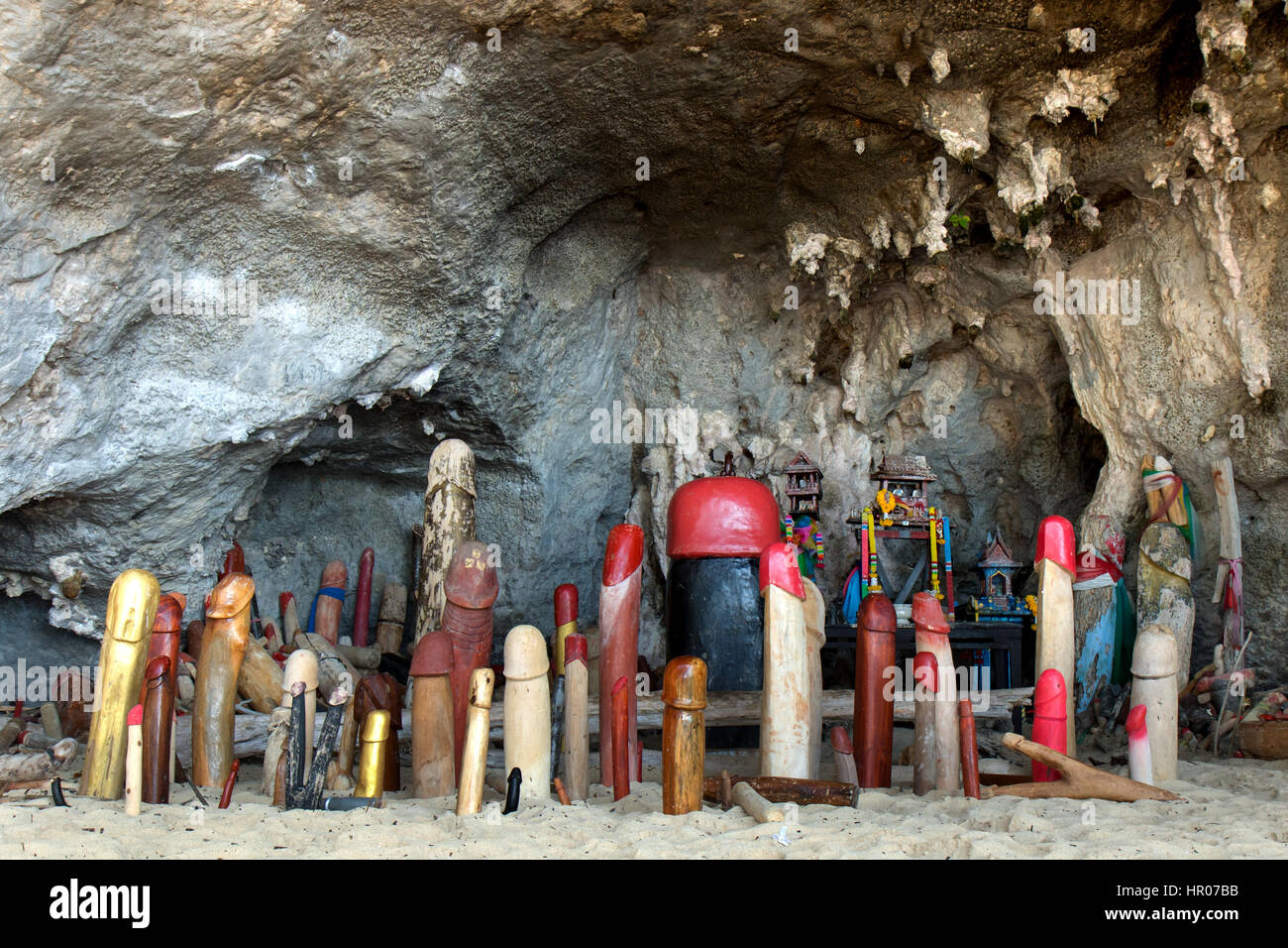 Wooden penis in Princess cave (Phra Nang Shrine Temple). South Railay beach in Krabi. Thailand. Stock Photo