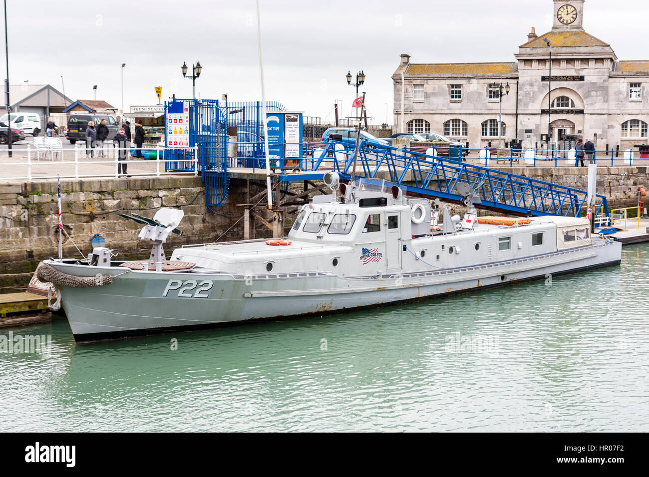 Restored P22, type 21 US naval Rhine River gunboat from the 1950s moored at Ramsgate harbour. Small launch with machine guns. Stock Photo