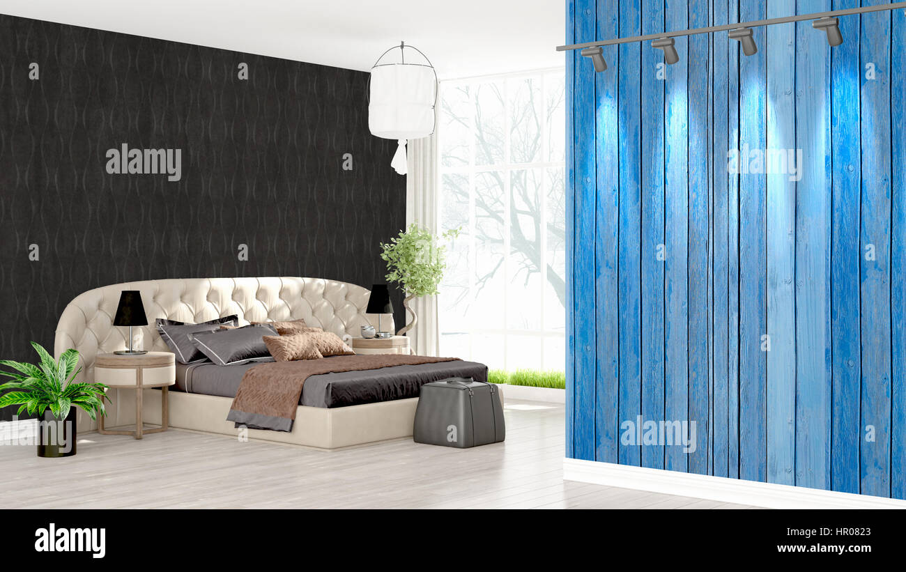 Beautiful modern bedroom interior with empty wall. 3D rendering Stock ...