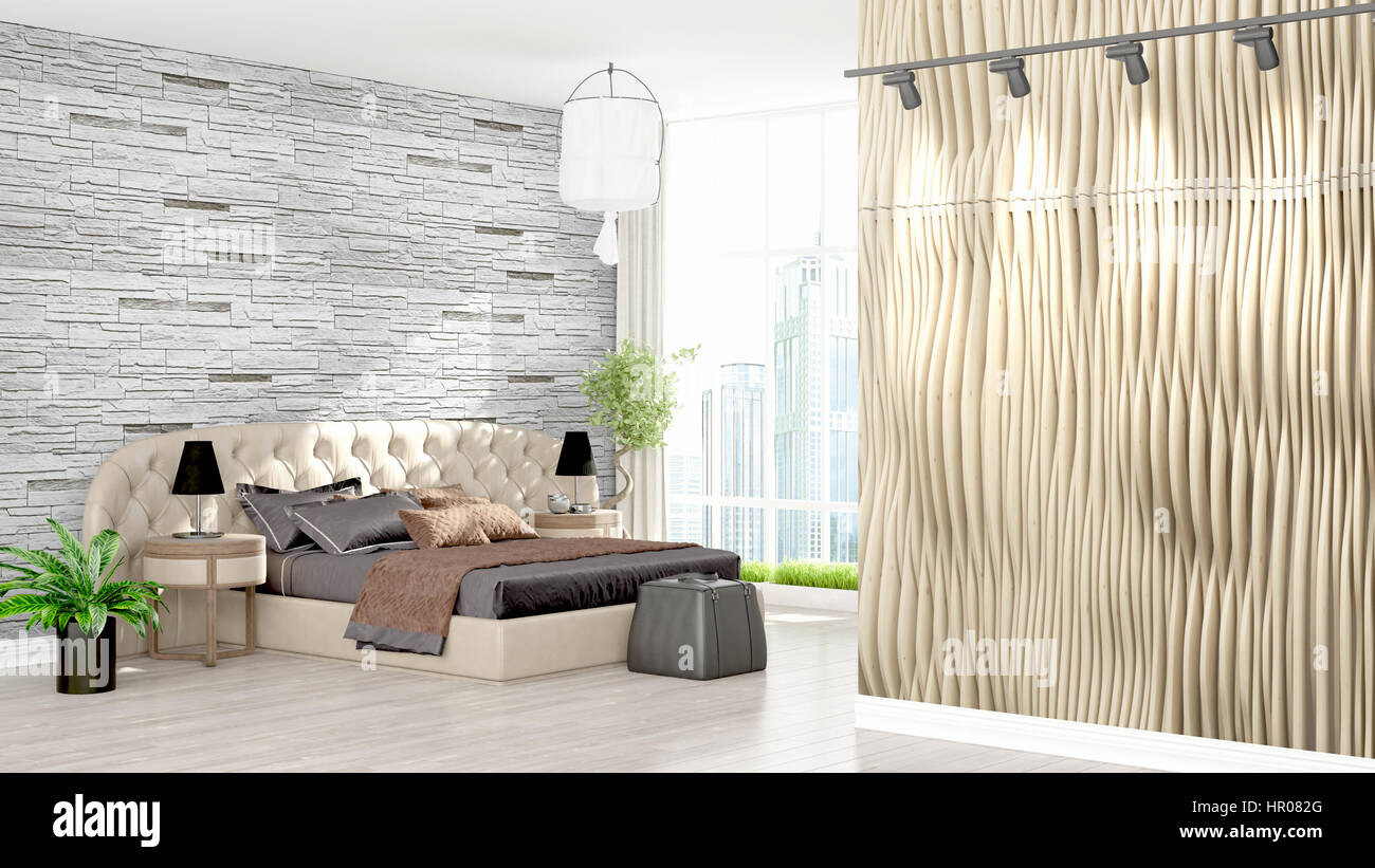Beautiful modern bedroom interior with empty wall. 3D rendering Stock ...