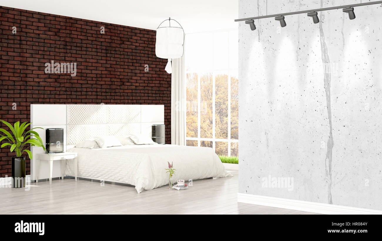 Beautiful modern bedroom interior with empty wall. 3D rendering Stock ...