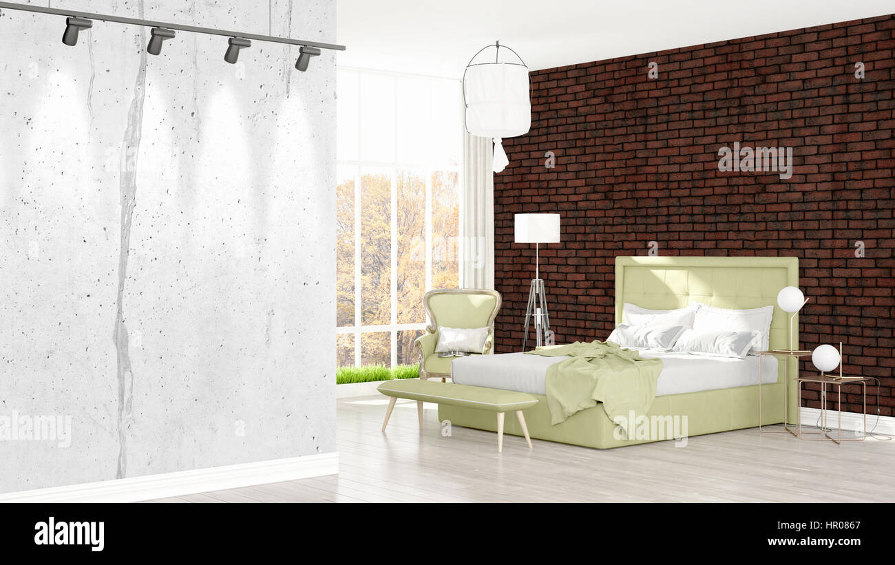 Beautiful modern bedroom interior with empty wall. 3D rendering Stock ...